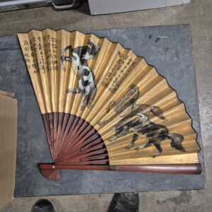 Chinese Wall Fan Hand Painted Gold Leaf Horses Calligraphy Art Deco