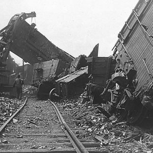 Positive proof print of 1912 NY Central train wreck derailment scene, high-detail industrial disaster recovery near Bergen, NY.