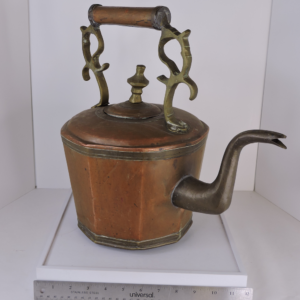 Antique European 9-sided brass and copper kettle with copper swing handle