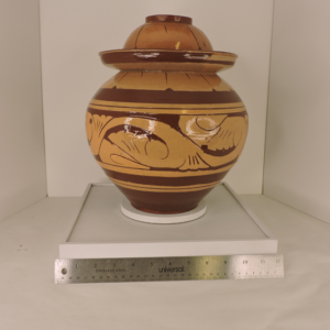 Large honey-glazed Chinese ginger jar from Gansu Province featuring raised traditional calligraphy on the lid and shoulder, viewed from multiple angles against a neutral background.