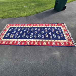 Vintage Eastern European Navy Blue Folk Floral Flatweave Kilim 5'x7' Rug