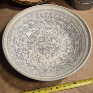 Studio Art Pottery Spongeware Bowl — Large Hand-Thrown Grey & White Mottled Stoneware Serving Bowl, Incised "ANR"