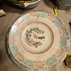 Hungarian Karcag Folk Pottery Charger — Hand-Painted Bird & Floral Wall Plate, Signed Kun Gazda Tóth, c. 1950s–70s
