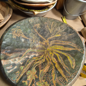 Hand-Carved Wood Charger with Raised Polychrome Relief — Stylized Tropical Plant & Grain Motif, Decorative Wall Bowl