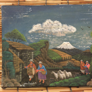 Vintage Tigua Folk Art Painting, Ecuador, Signed Andean Village & Volcano Scene, 1991