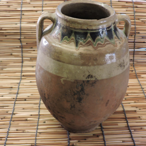 Antique French Confit Pot, Terracotta with Cascading Green & Ochre Glaze, Twin Handles