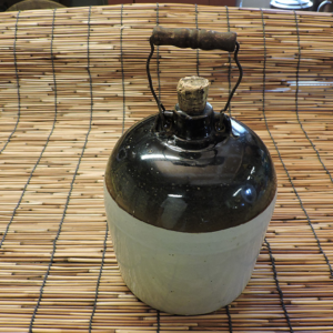 Antique Stoneware Whiskey Jug, Two-Tone Glaze, Wire Bail & Wood Handle, Cork Stopper