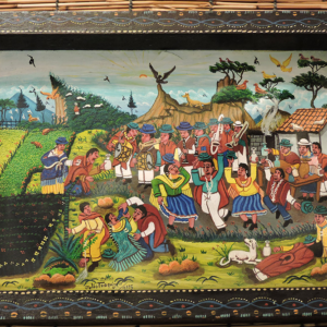 Tigua Painting on Sheepskin, "Asi es la fiesta de matrimonio I," Signed Nief, 1985