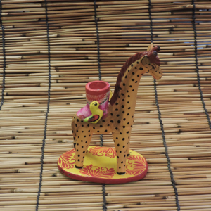 Mexican Folk Art Clay Candle Holder, Giraffe with Birds, Hand-Painted