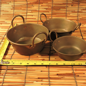 Antique Brass Nesting Preserving Pans, Set of 3, Riveted Handles
