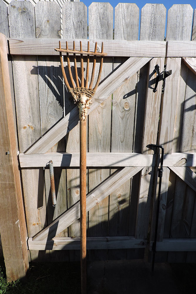 Antique Primitive Handmade Wooden Hay Rake with Withy-Bound Fan Tines and Pierced Crossbar